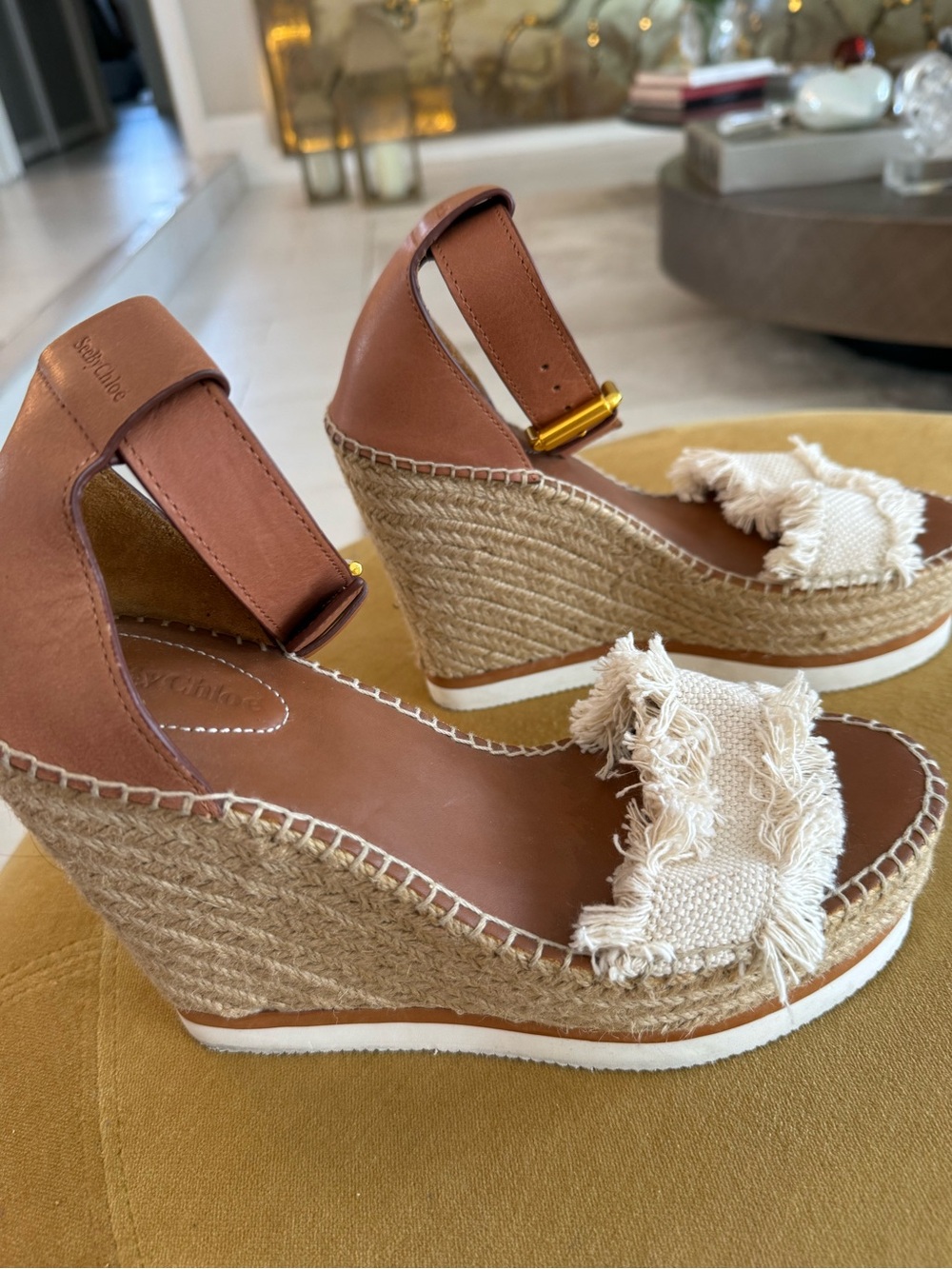 See by Chloé Tan Leather Espadrille Wedge Sandals with Cream Fringed Strap - Picture 7 of 8